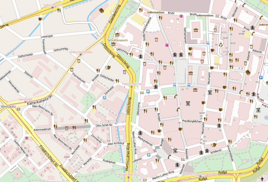 Innenstadt-Stadtplan mit Luftaufnahme und Hotels von Leipzig